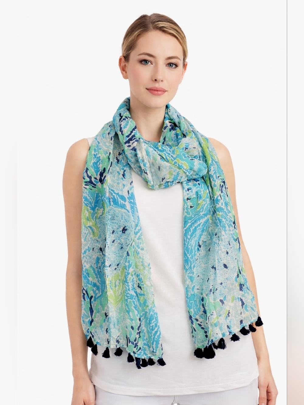 Lilly Pulitzer Murfee Scarf cashmere bkend Let’s Cha Cha Blue Pompom Wrap